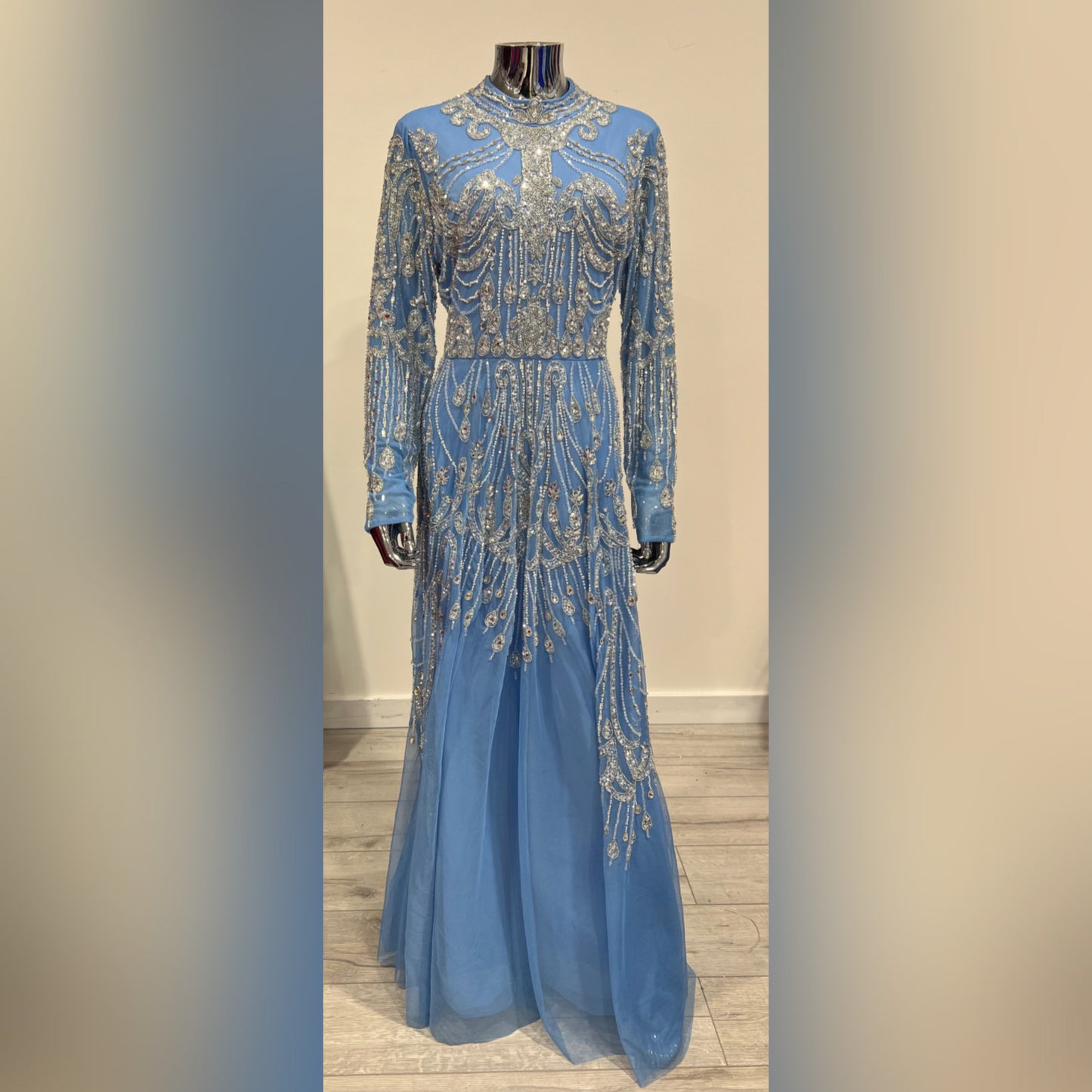 MG40270 - LIGHT BLUE/ SILVER BEADED LONG SLEEVE HIGH NECK UK SIZE 12