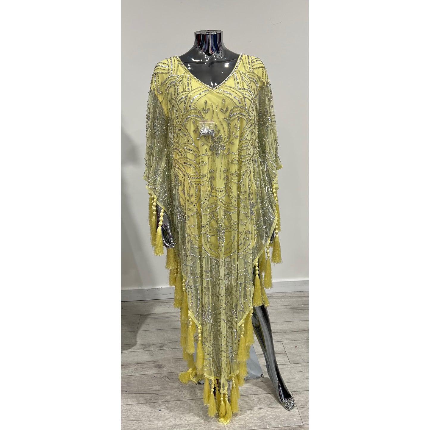 MG10130 - Beaded Kaftan in Pastel Yellow | One Size Fits UK 6-20