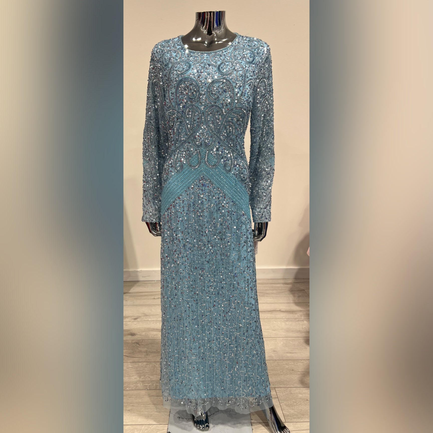 MG0564- LIGHT BLUE/SILVER BEADED LONG SLEEVE WITH FRINGES UK SIZE 16 MG's Couture MG0564- LIGHT BLUE/SILVER BEADED LONG SLEEVE WITH FRINGES UK SIZE 16 MG's Couture