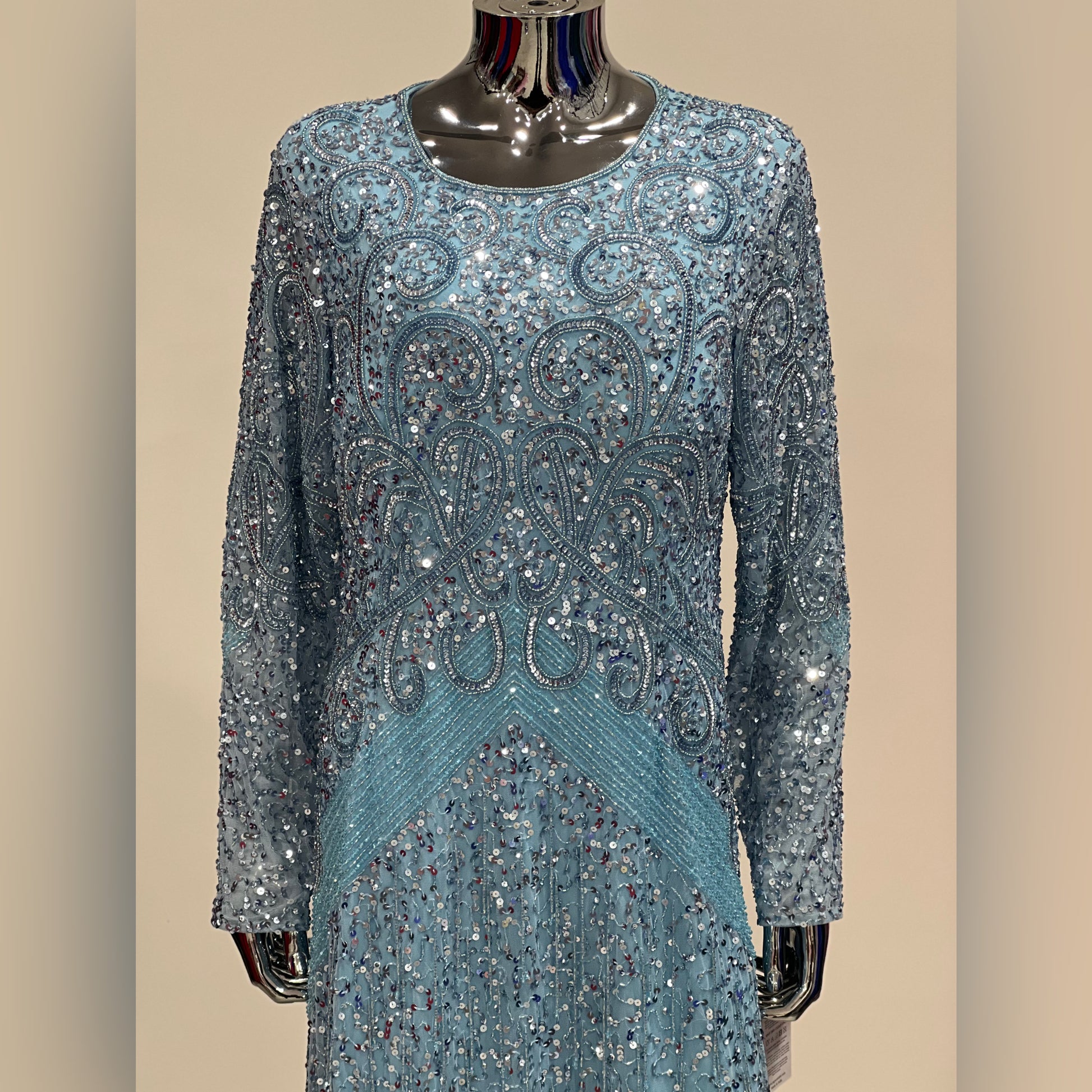 MG0564- LIGHT BLUE/SILVER BEADED LONG SLEEVE WITH FRINGES UK SIZE 16 MG's Couture MG0564- LIGHT BLUE/SILVER BEADED LONG SLEEVE WITH FRINGES UK SIZE 16 MG's Couture