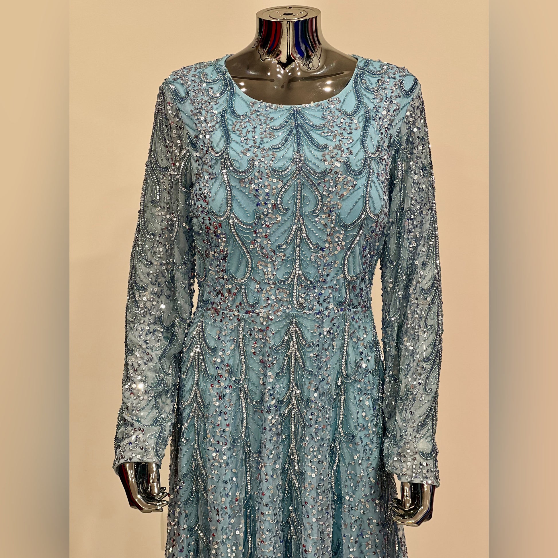 MG0565 - LIGHT BLUE/ SILVER BEADED LONG SLEEVE A LINE UK SIZE 16 MG's Couture MG0565 - LIGHT BLUE/ SILVER BEADED LONG SLEEVE A LINE UK SIZE 16 MG's Couture
