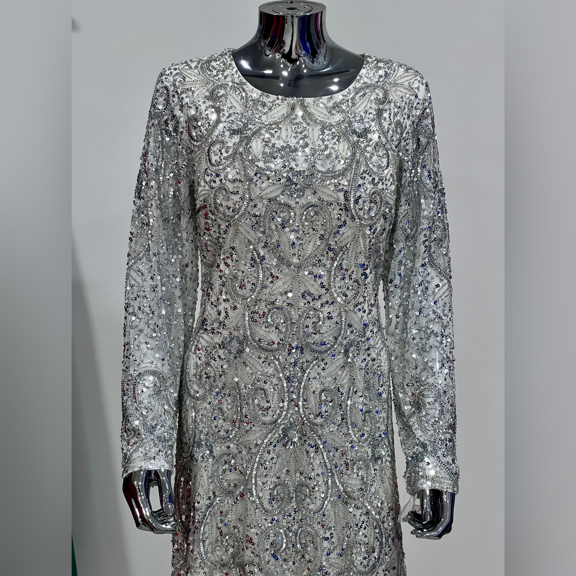 MG0555 - Ivory/Silver HEAVY BEADED LONG SLEEVE MG's Couture MG0555 - Ivory/Silver HEAVY BEADED LONG SLEEVE MG's Couture
