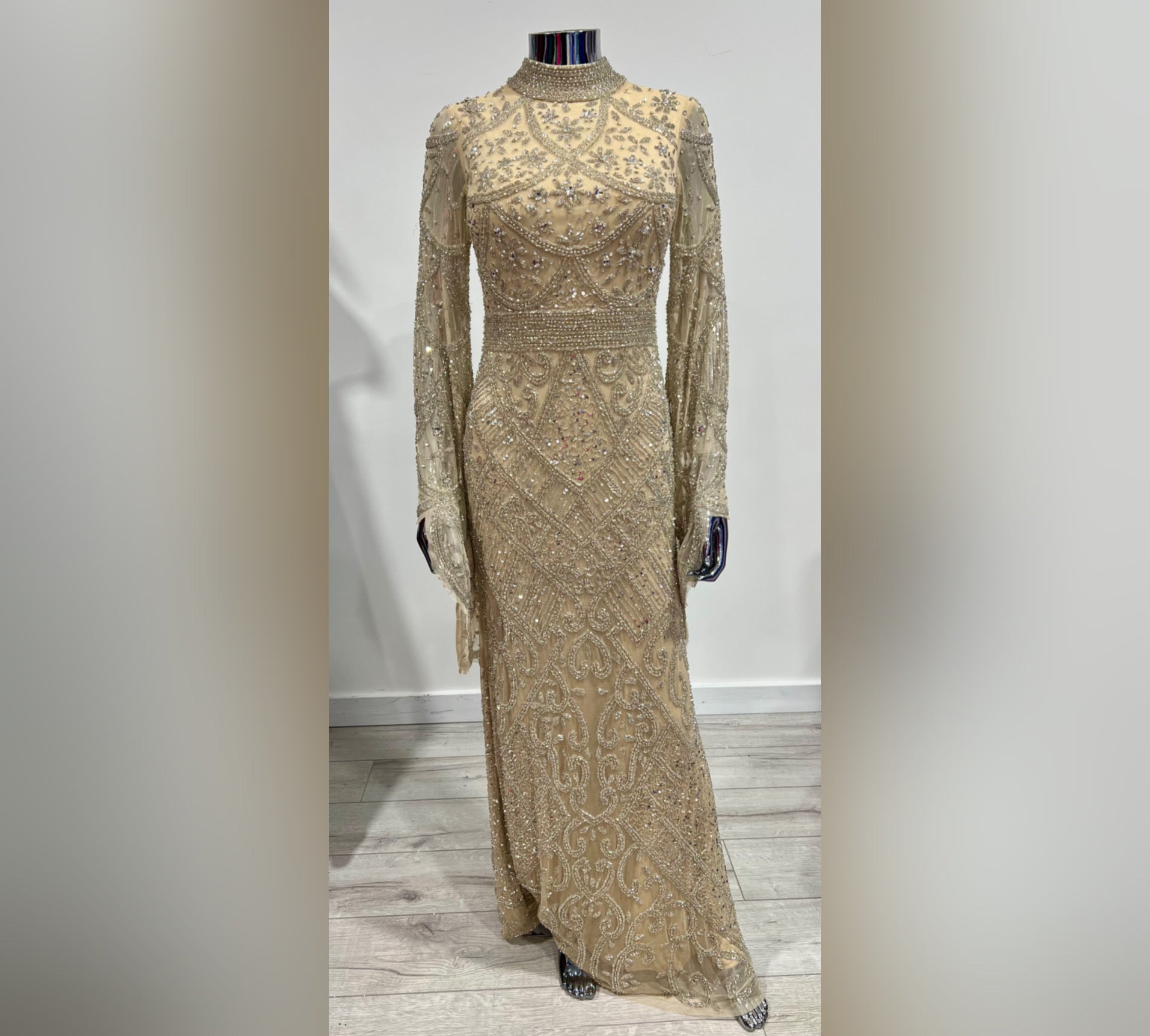 Modest Heavy Beaded Long Sleeve evening Dress MG's Couture Modest Heavy Beaded Long Sleeve evening Dress MG's Couture