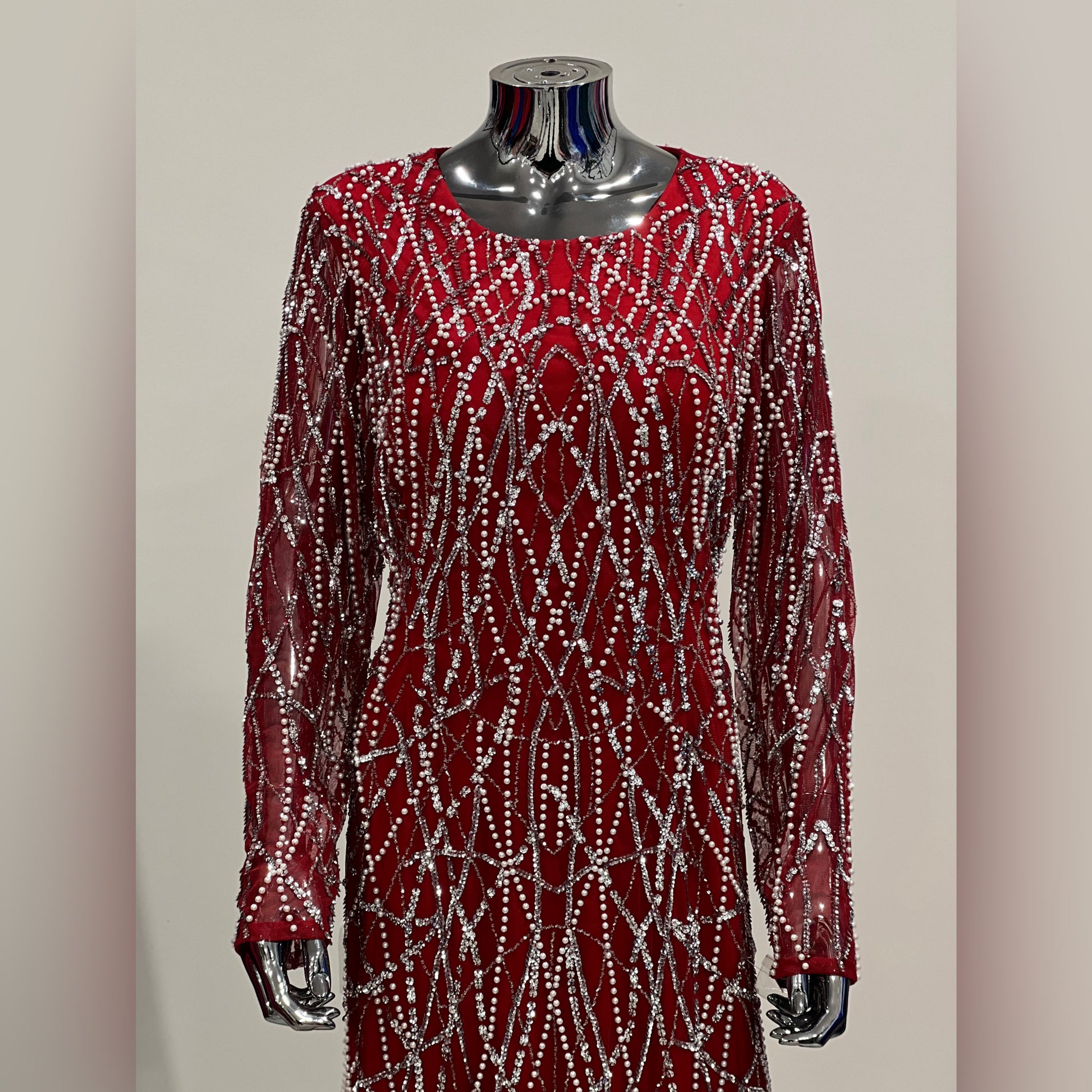 MG0556 - DARK RED/SILVER LONG SLEEVE BEADED WITH PEARLS MG's Couture MG0556 - DARK RED/SILVER LONG SLEEVE BEADED WITH PEARLS MG's Couture